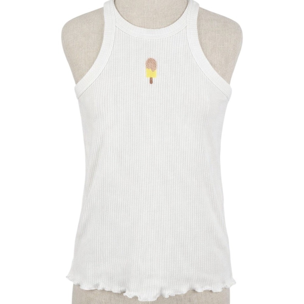 Cat Jack White Ribbed Tank Top Girls Size‎ S 6/7 Ice Cream Embroidery Ruffle Hem